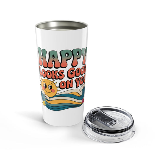 20oz Tumbler — "Happy Looks Good on You" Retro Smile Travel Cup