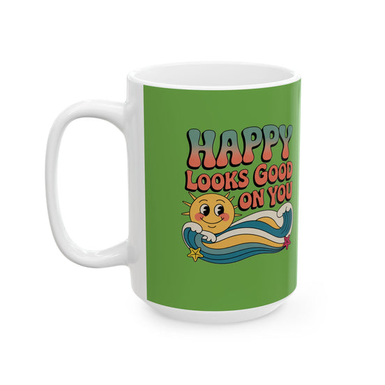 Retro 'Happy Looks Good on You' Ceramic Mug – 11oz & 15oz