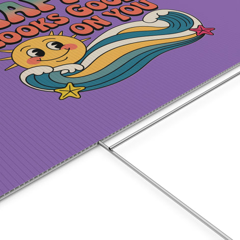 "Happy Looks Good On You" Retro Sun Positive Garden Sign