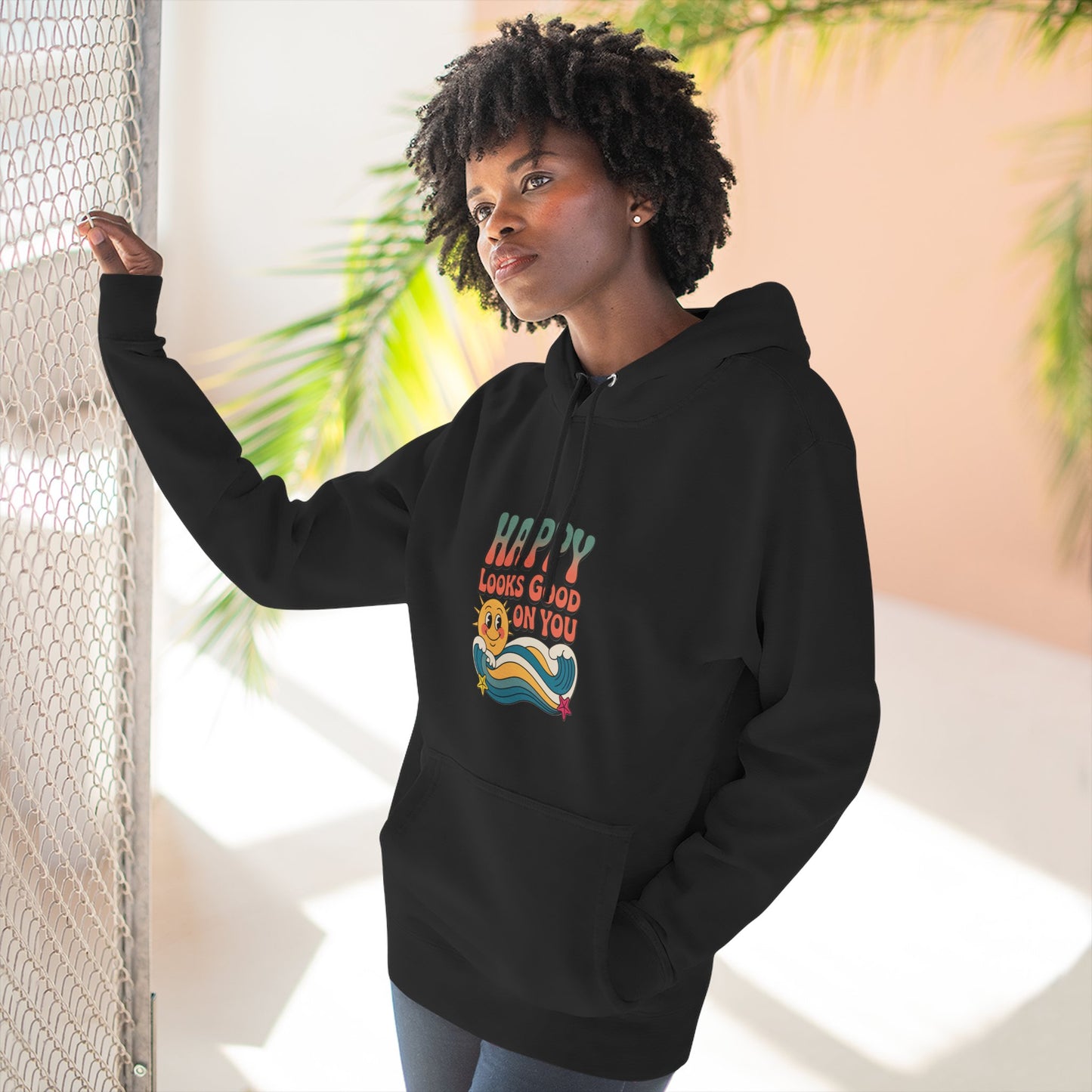 Happy Looks Good On You Hoodie — Retro Smiley Graphic Fleece Pullover