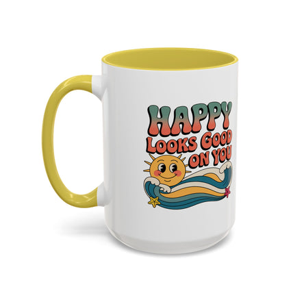 Retro 'Happy Looks Good on You' Colorful Ceramic Mug (11oz & 15oz)