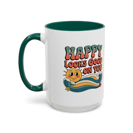 Retro 'Happy Looks Good on You' Colorful Ceramic Mug (11oz & 15oz)
