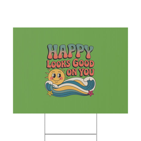 "Happy Looks Good On You" Retro Sun Positive Garden Sign