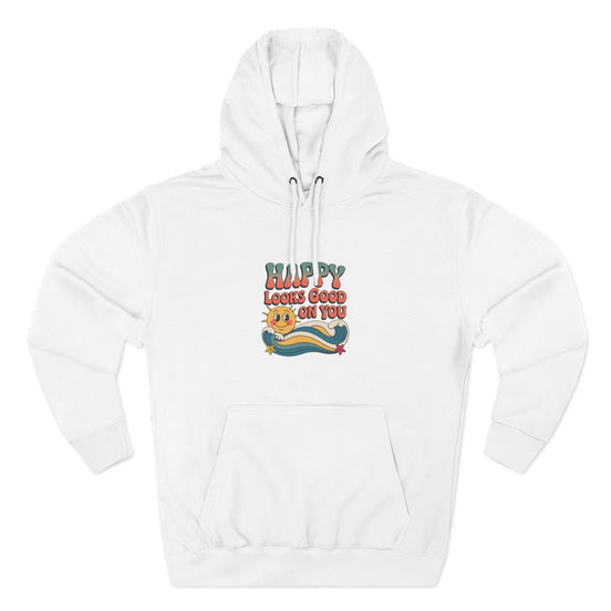 Happy Looks Good On You Hoodie — Retro Smiley Graphic Fleece Pullover