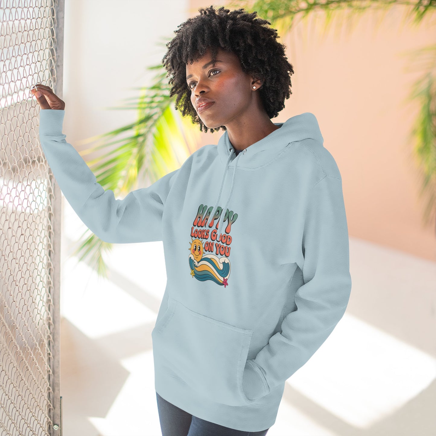 Happy Looks Good On You Hoodie — Retro Smiley Graphic Fleece Pullover
