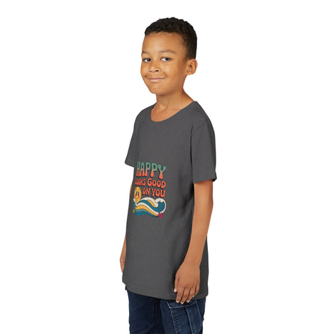 Youth Tee — "Happy Looks Good On You" Retro Sunshine Kids Shirt