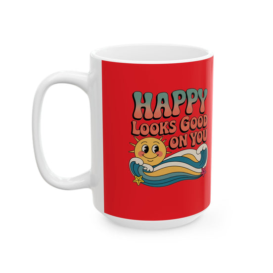 Retro 'Happy Looks Good on You' Ceramic Mug – 11oz & 15oz