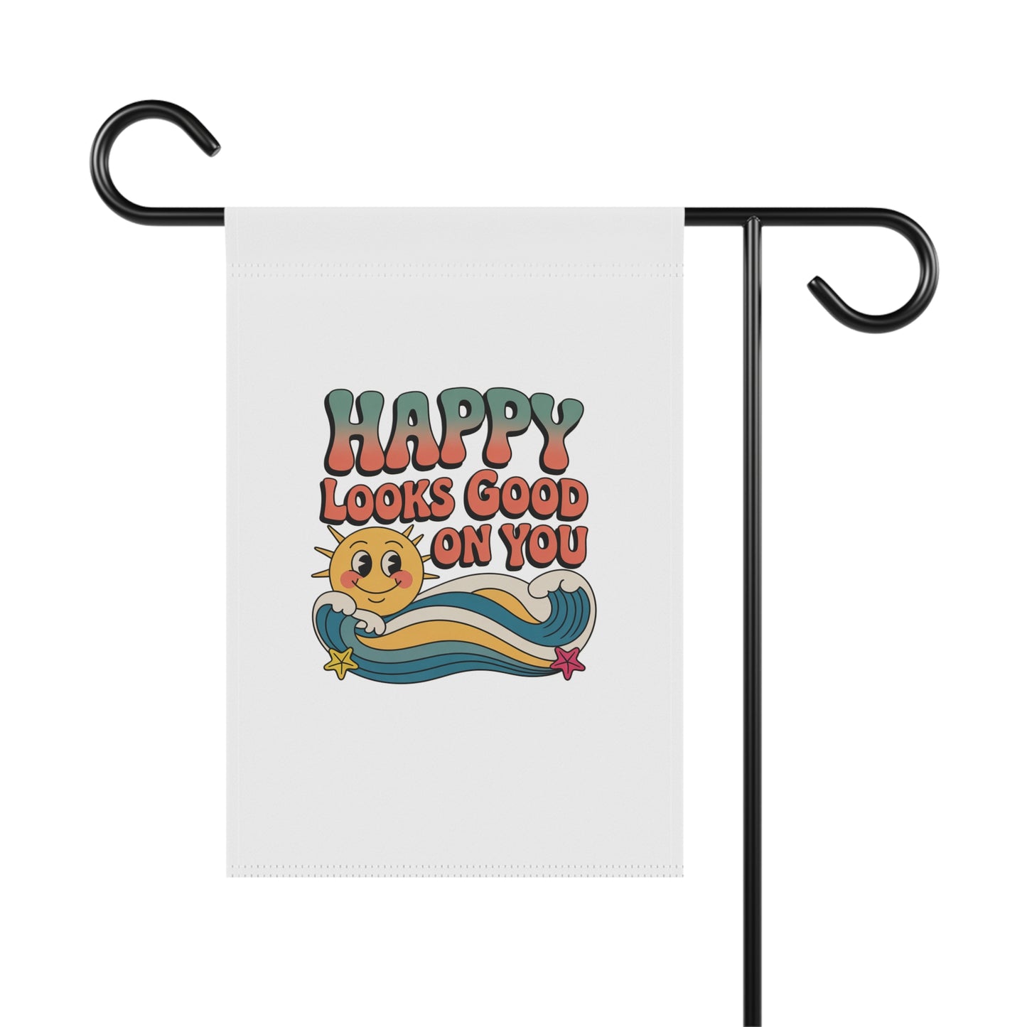 Happy Looks Good On You Garden Flag — Retro Sun & Waves House Banner