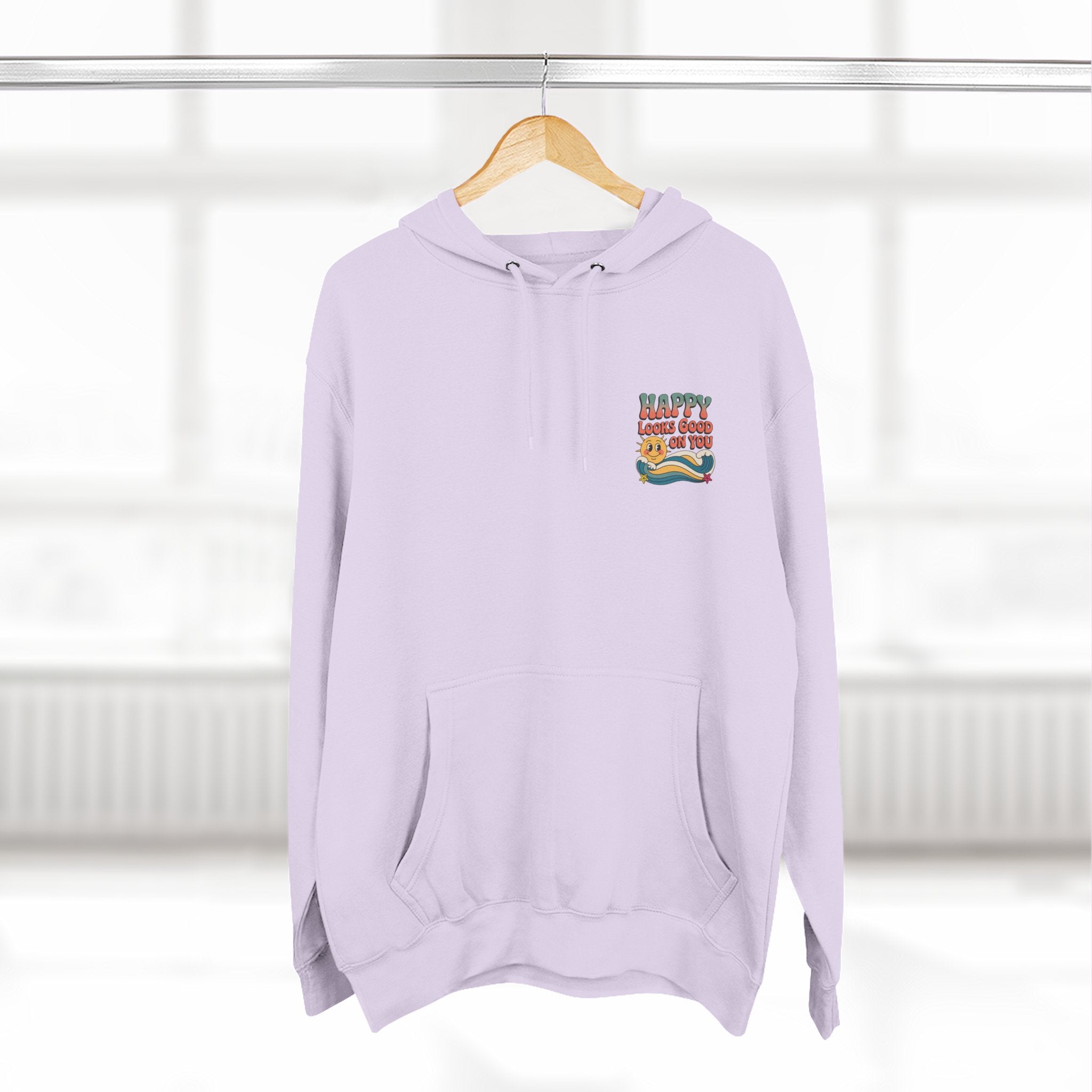 Happy Looks Good On You Hoodie — Retro Smiley Graphic Fleece Pullover