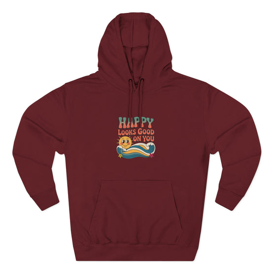 Happy Looks Good On You Hoodie — Retro Smiley Graphic Fleece Pullover