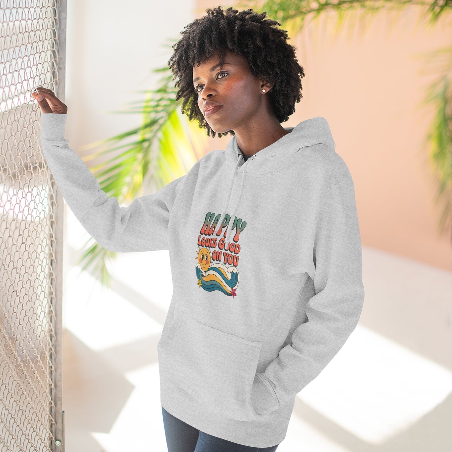 Happy Looks Good On You Hoodie — Retro Smiley Graphic Fleece Pullover