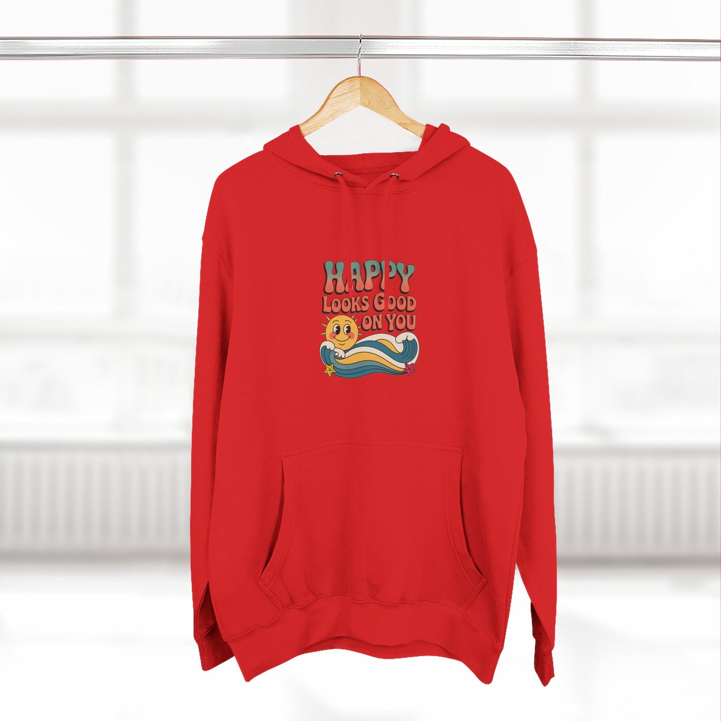 Happy Looks Good On You Hoodie — Retro Smiley Graphic Fleece Pullover