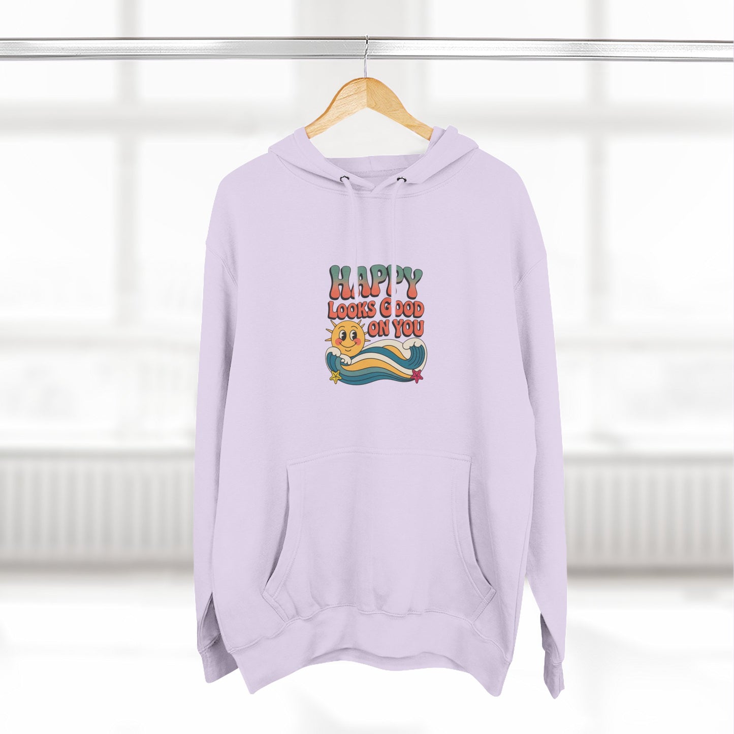 Happy Looks Good On You Hoodie — Retro Smiley Graphic Fleece Pullover