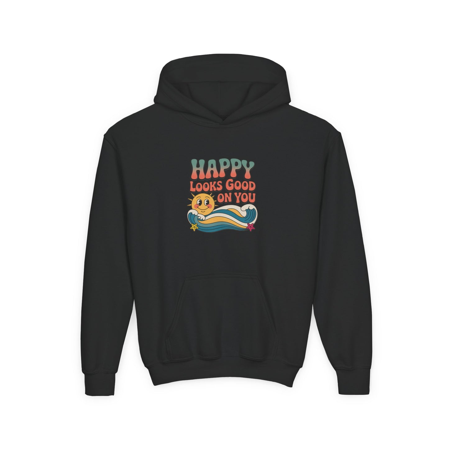Youth Hoodie — "Happy Looks Good on You" Retro Sunburst Graphic