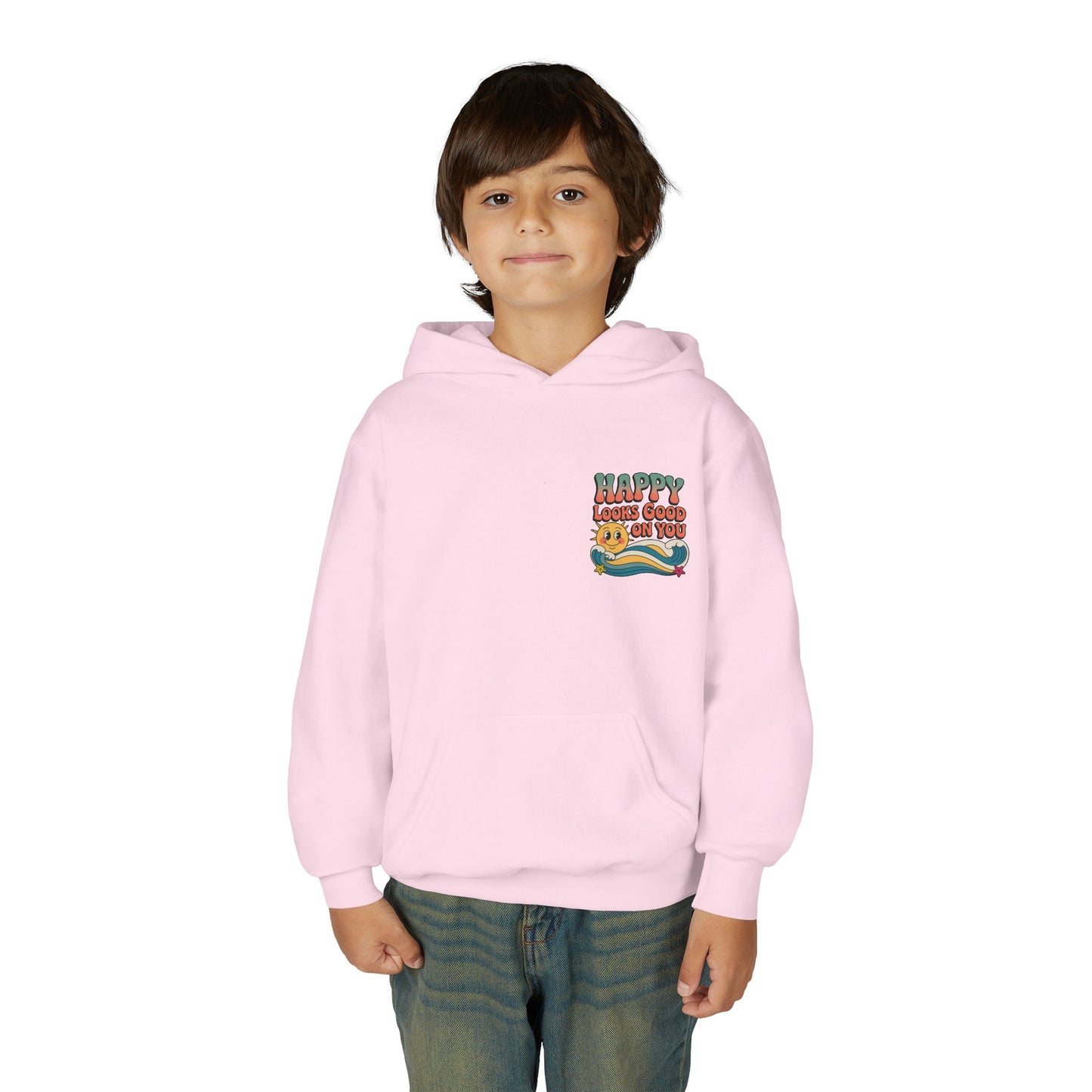 Youth Hoodie — "Happy Looks Good on You" Retro Sunburst Graphic