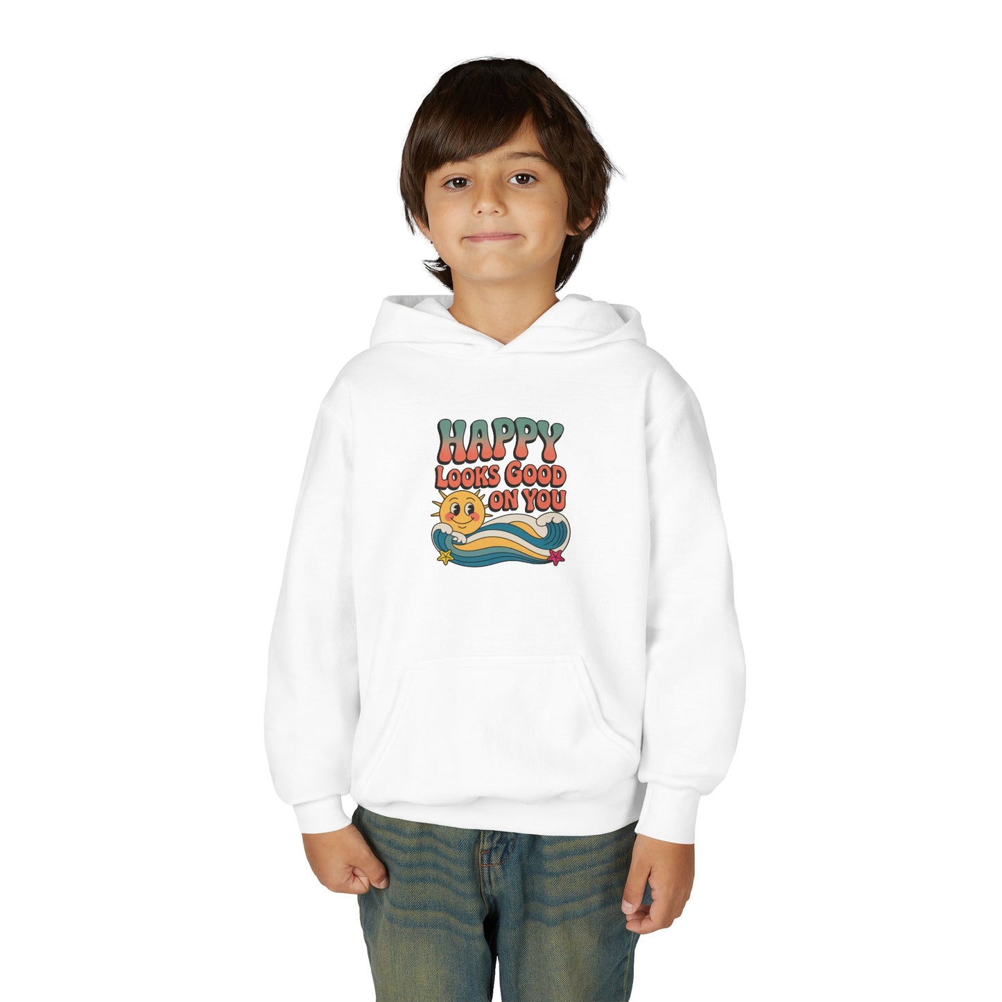 Youth Hoodie — "Happy Looks Good on You" Retro Sunburst Graphic
