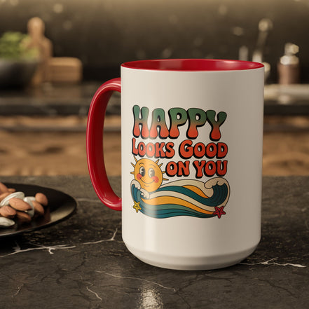 Retro 'Happy Looks Good on You' Colorful Ceramic Mug (11oz & 15oz)
