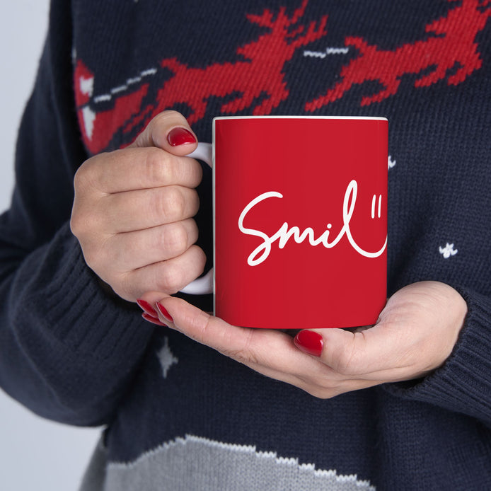 Dark Red/White Smile Ceramic Coffee Mug - 11oz & 15oz