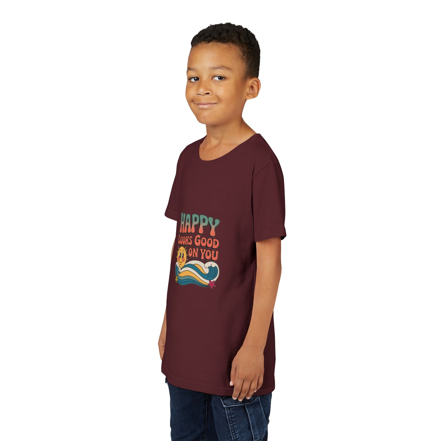 Youth Tee — "Happy Looks Good On You" Retro Sunshine Kids Shirt
