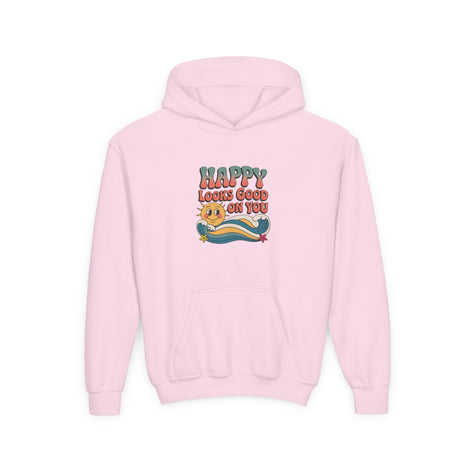 Youth Hoodie — "Happy Looks Good on You" Retro Sunburst Graphic