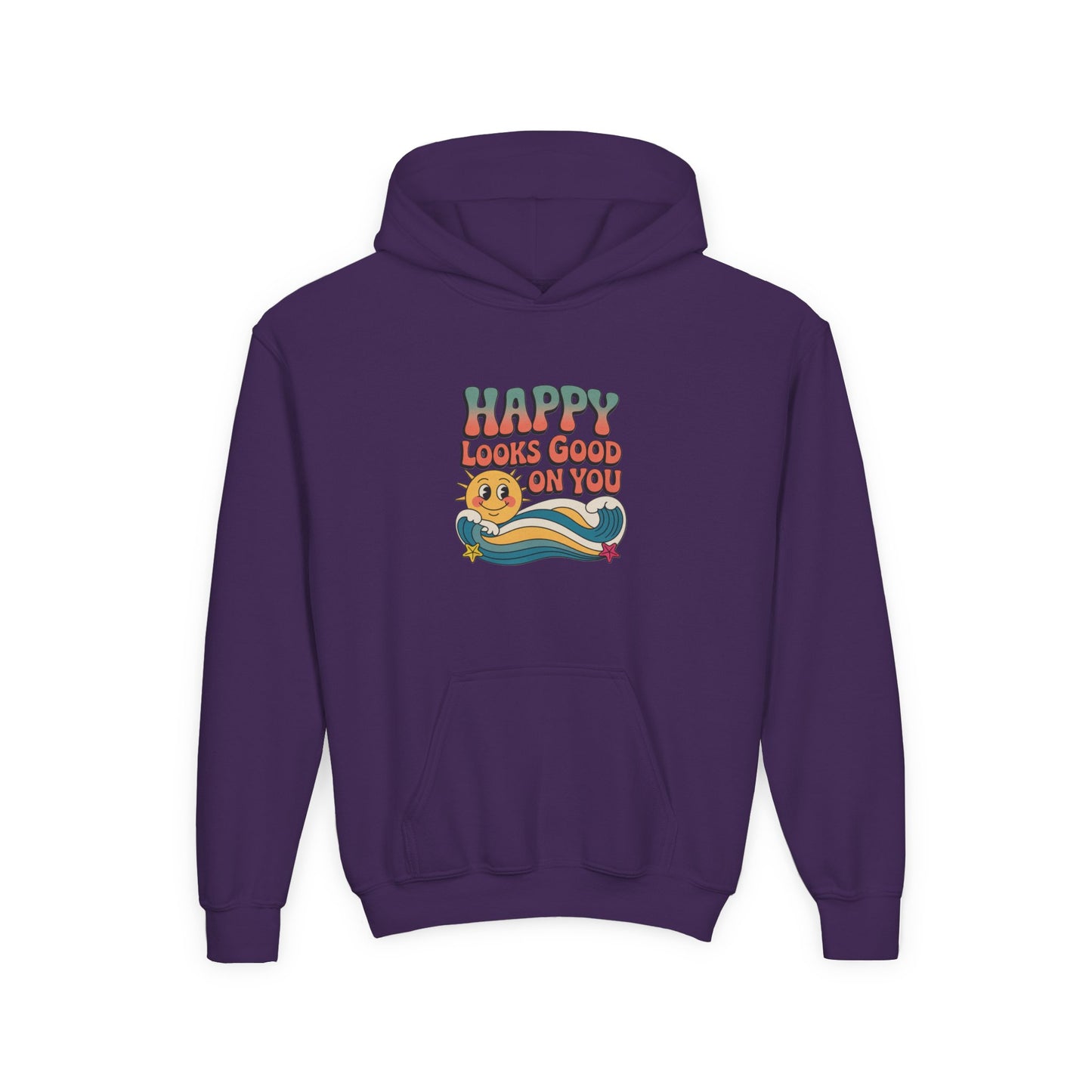 Youth Hoodie — "Happy Looks Good on You" Retro Sunburst Graphic