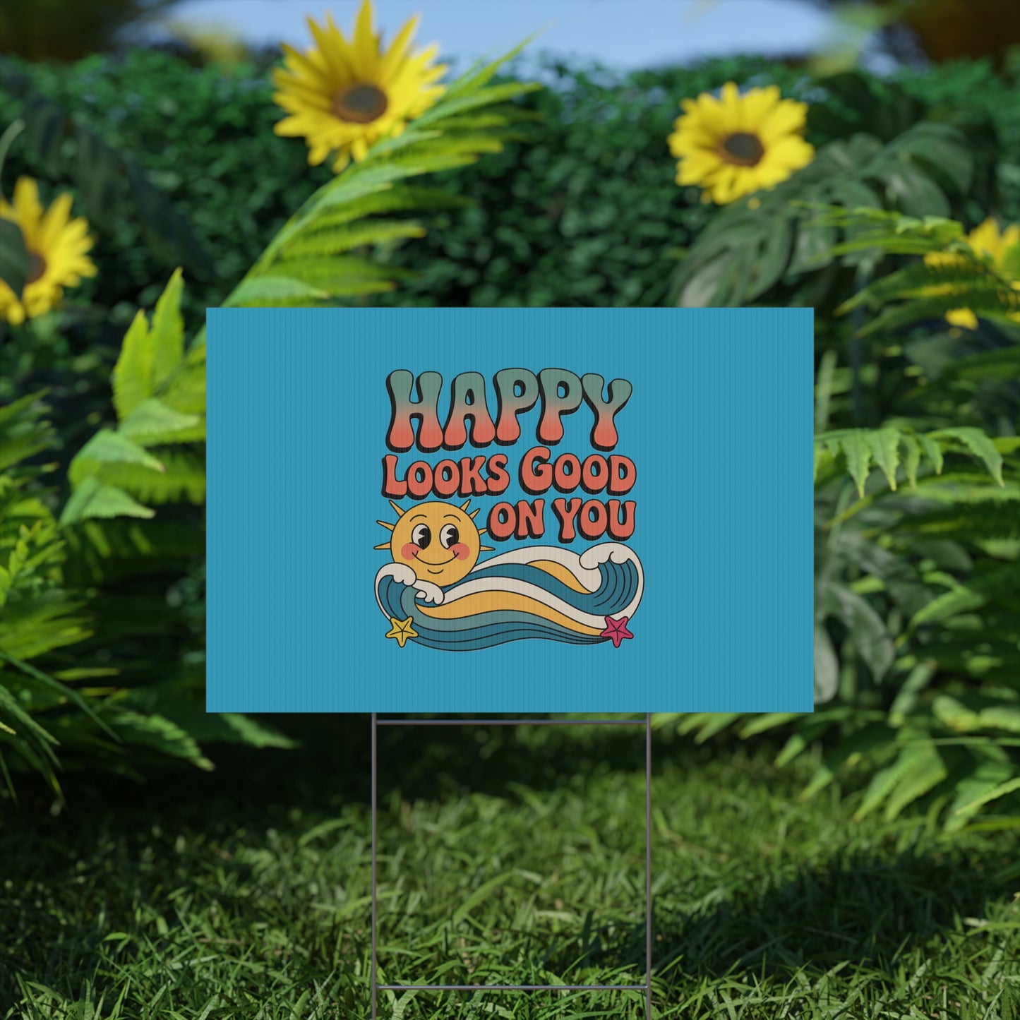 "Happy Looks Good On You" Retro Sun Positive Garden Sign