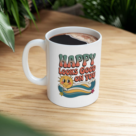 Retro 'Happy Looks Good on You' Ceramic Mug – 11oz & 15oz