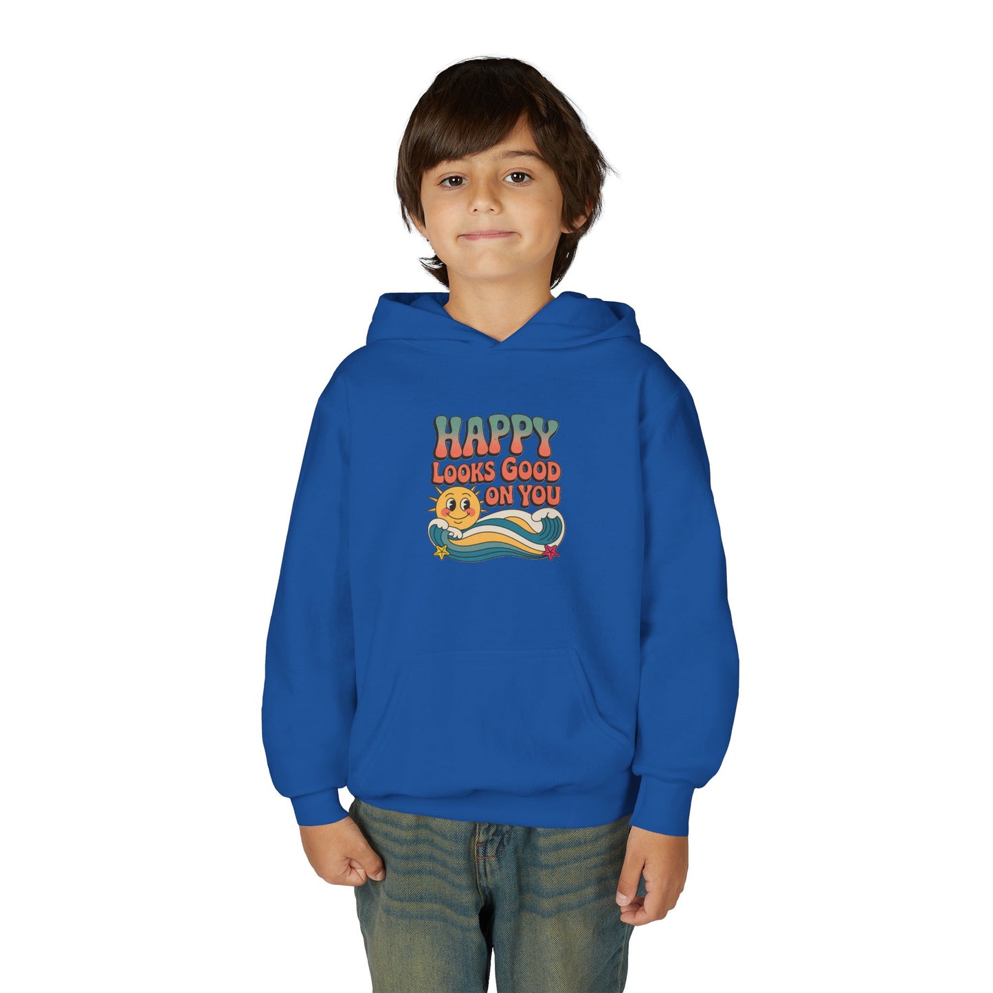 Youth Hoodie — "Happy Looks Good on You" Retro Sunburst Graphic