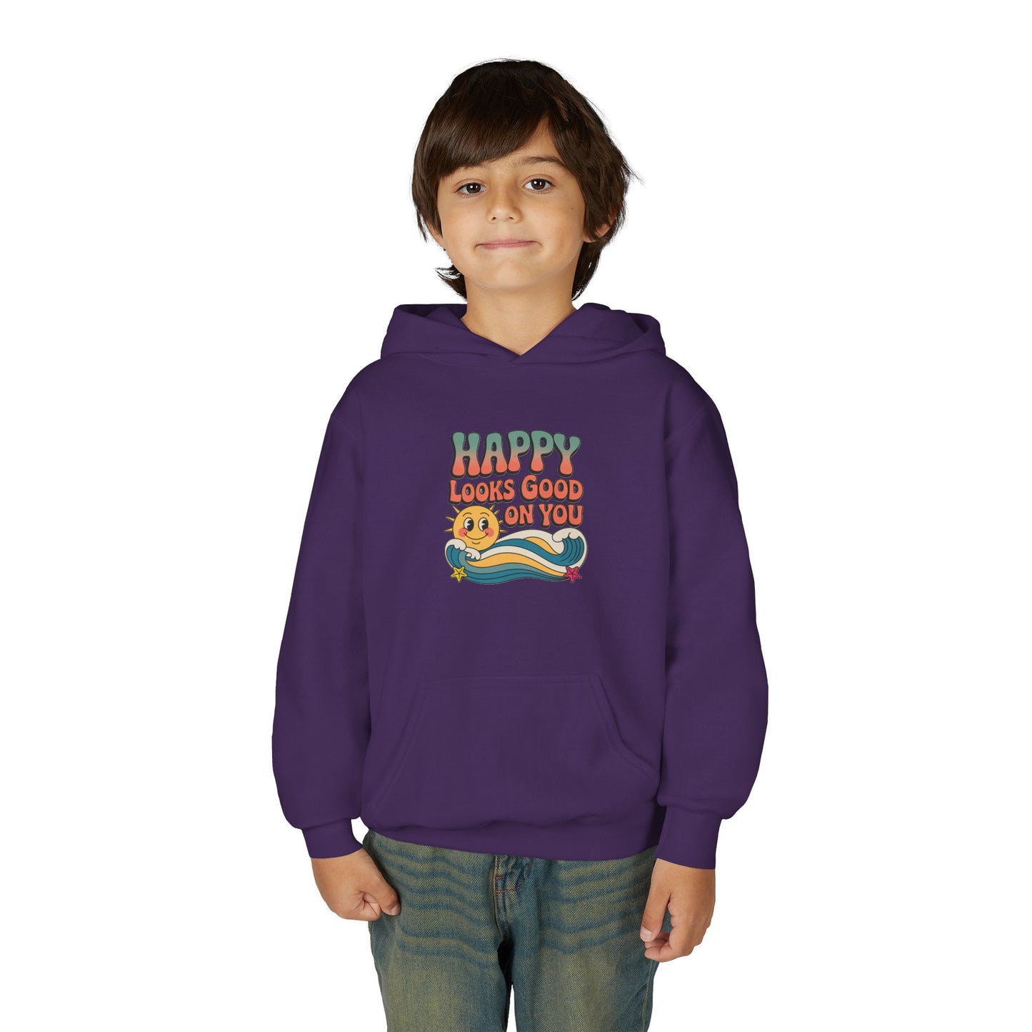 Youth Hoodie — "Happy Looks Good on You" Retro Sunburst Graphic