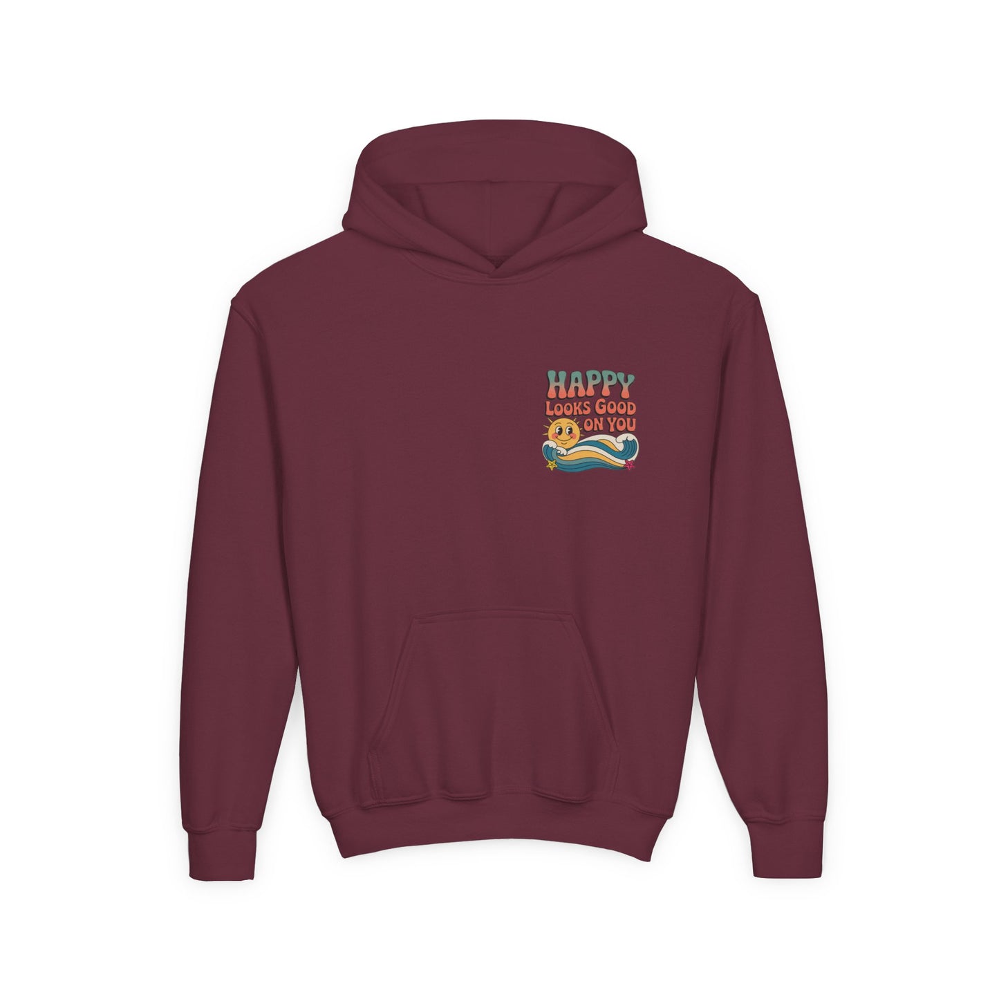 Youth Hoodie — "Happy Looks Good on You" Retro Sunburst Graphic