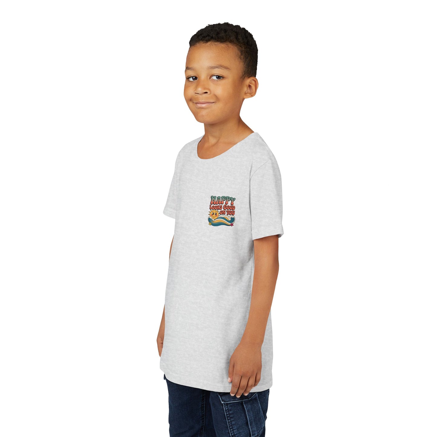 Youth Tee — "Happy Looks Good On You" Retro Sunshine Kids Shirt