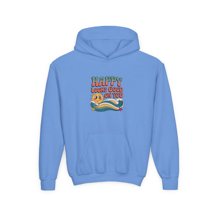 Youth Hoodie — "Happy Looks Good on You" Retro Sunburst Graphic