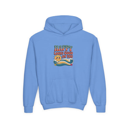 Youth Hoodie — "Happy Looks Good on You" Retro Sunburst Graphic