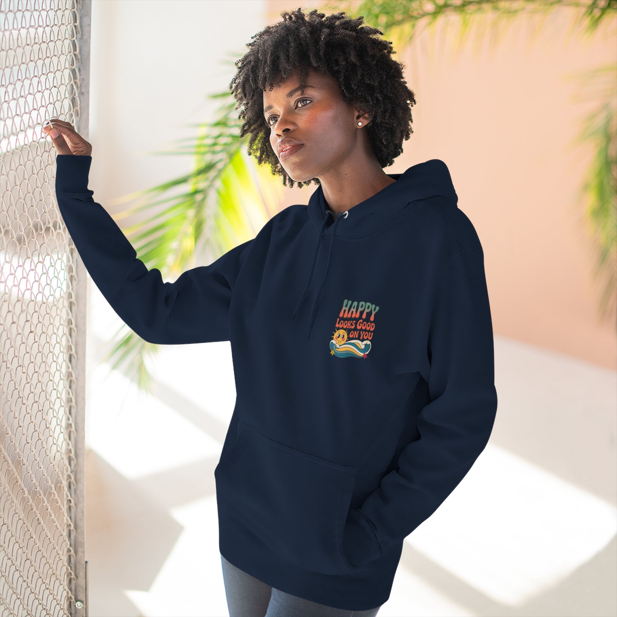 Happy Looks Good On You Hoodie — Retro Smiley Graphic Fleece Pullover