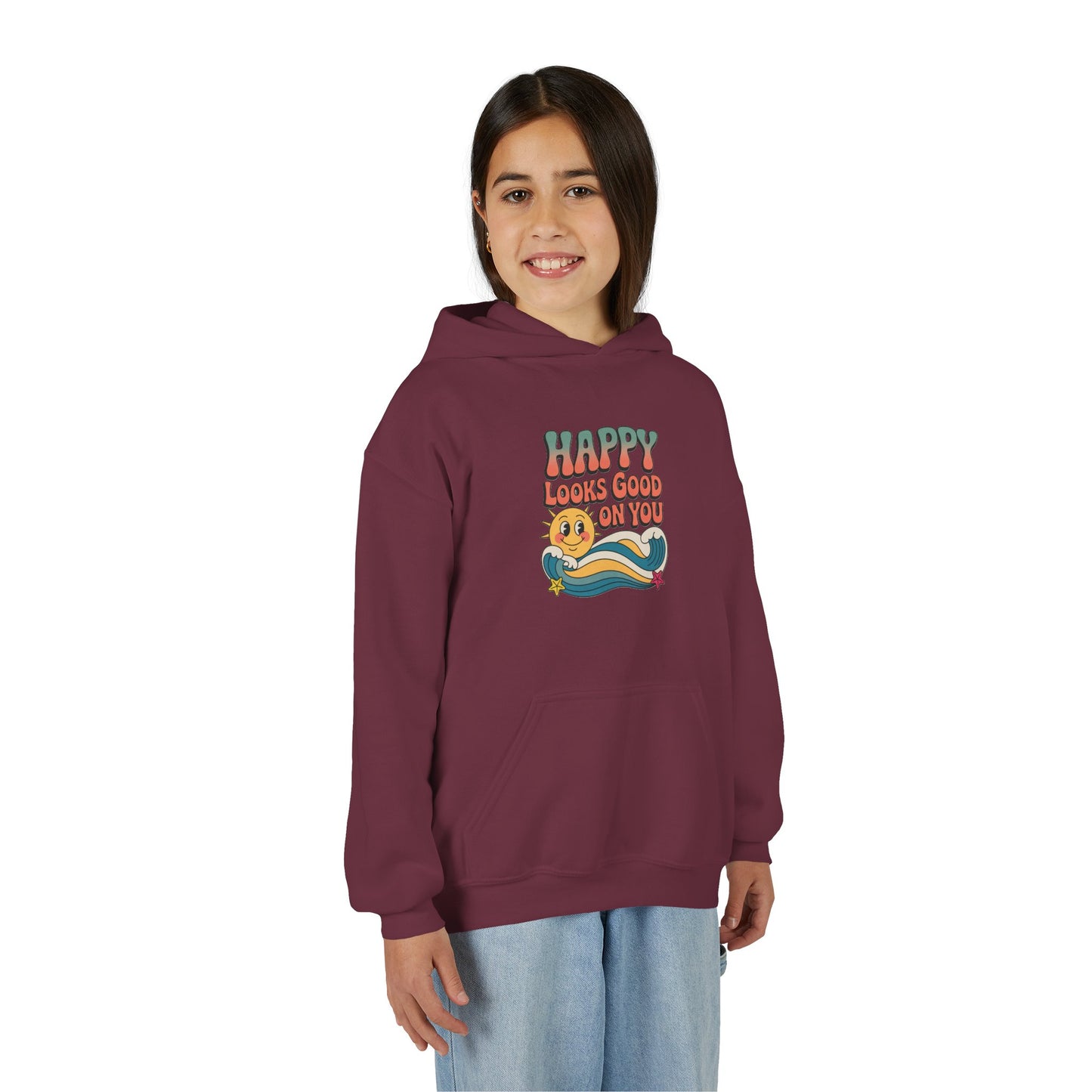 Youth Hoodie — "Happy Looks Good on You" Retro Sunburst Graphic
