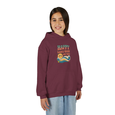 Youth Hoodie — "Happy Looks Good on You" Retro Sunburst Graphic