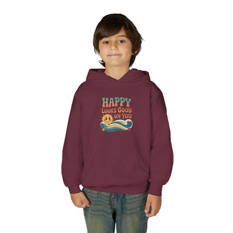 Youth Hoodie — "Happy Looks Good on You" Retro Sunburst Graphic