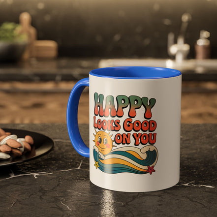 Retro 'Happy Looks Good on You' Colorful Ceramic Mug (11oz & 15oz)