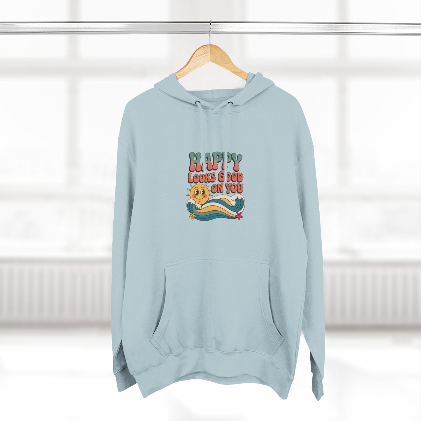 Happy Looks Good On You Hoodie — Retro Smiley Graphic Fleece Pullover