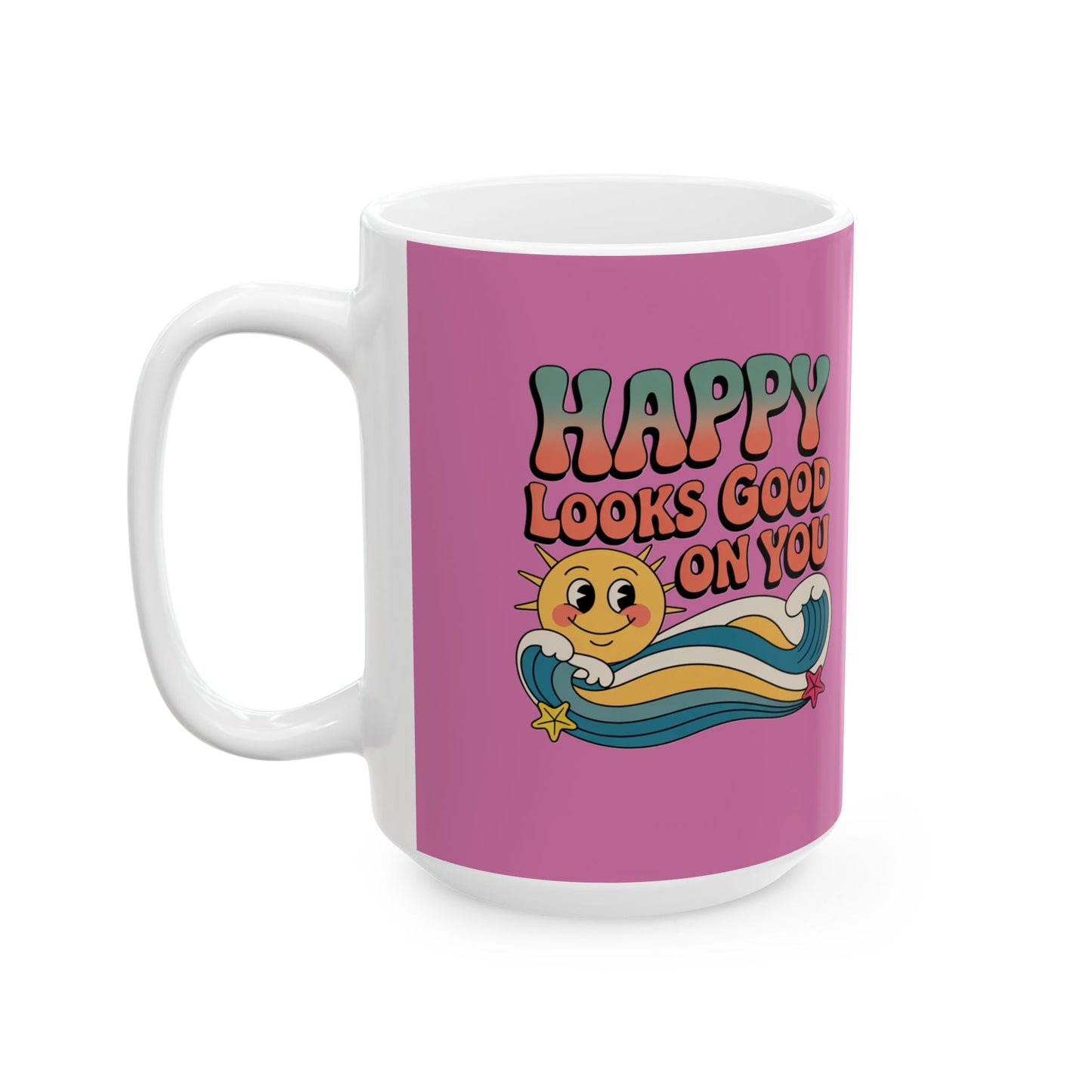 Retro 'Happy Looks Good on You' Ceramic Mug – 11oz & 15oz