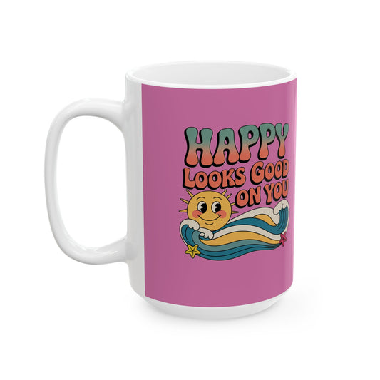 Retro 'Happy Looks Good on You' Ceramic Mug – 11oz & 15oz