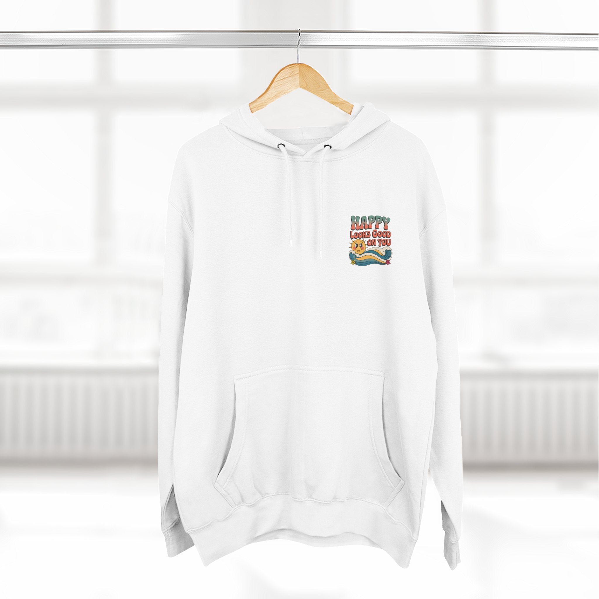 Happy Looks Good On You Hoodie — Retro Smiley Graphic Fleece Pullover