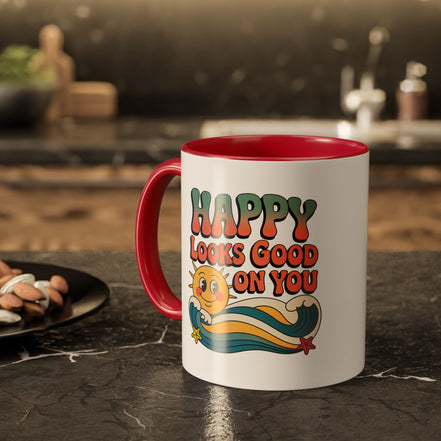 Retro 'Happy Looks Good on You' Colorful Ceramic Mug (11oz & 15oz)