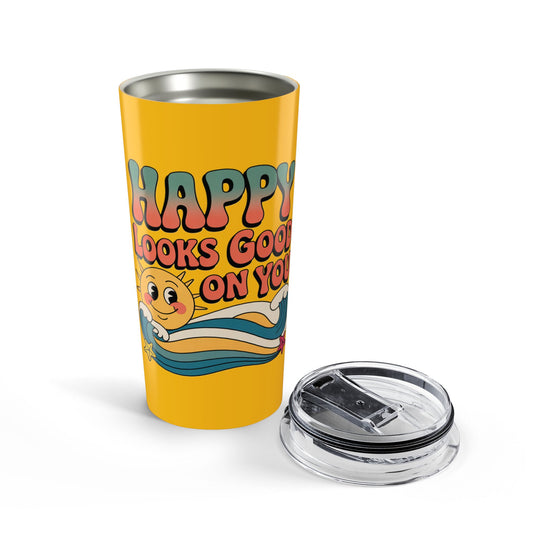 20oz Tumbler — "Happy Looks Good on You" Retro Smile Travel Cup