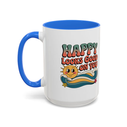 Retro 'Happy Looks Good on You' Colorful Ceramic Mug (11oz & 15oz)