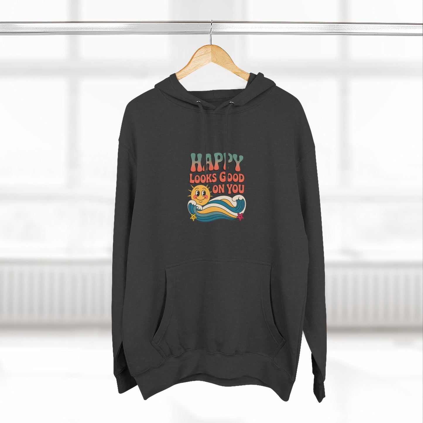 Happy Looks Good On You Hoodie — Retro Smiley Graphic Fleece Pullover