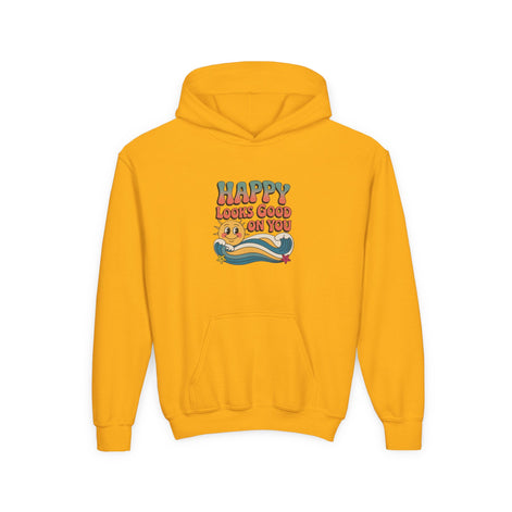 Youth Hoodie — "Happy Looks Good on You" Retro Sunburst Graphic