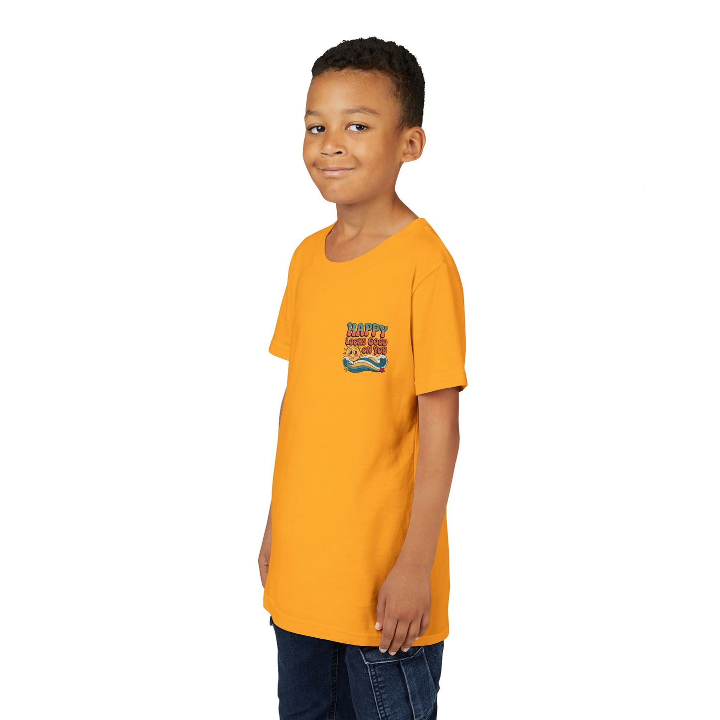 Youth Tee — "Happy Looks Good On You" Retro Sunshine Kids Shirt
