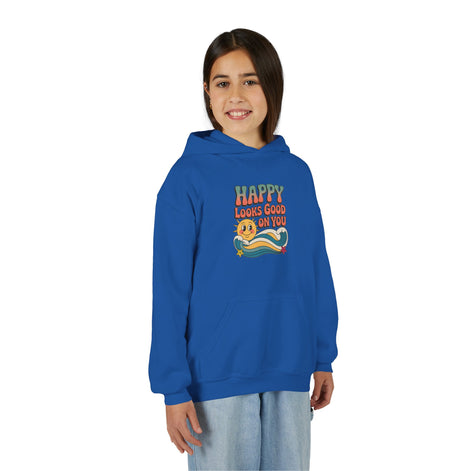 Youth Hoodie — "Happy Looks Good on You" Retro Sunburst Graphic