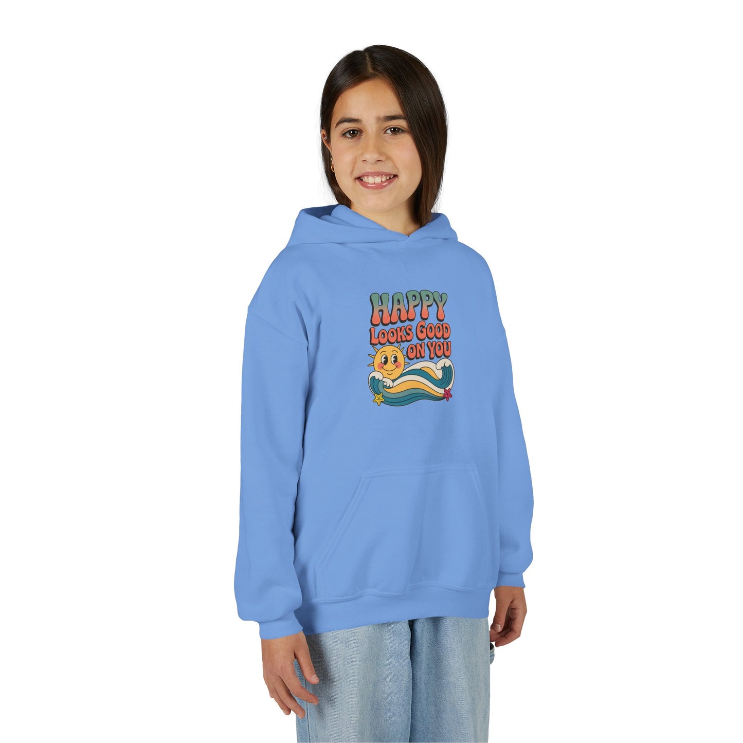 Youth Hoodie — "Happy Looks Good on You" Retro Sunburst Graphic
